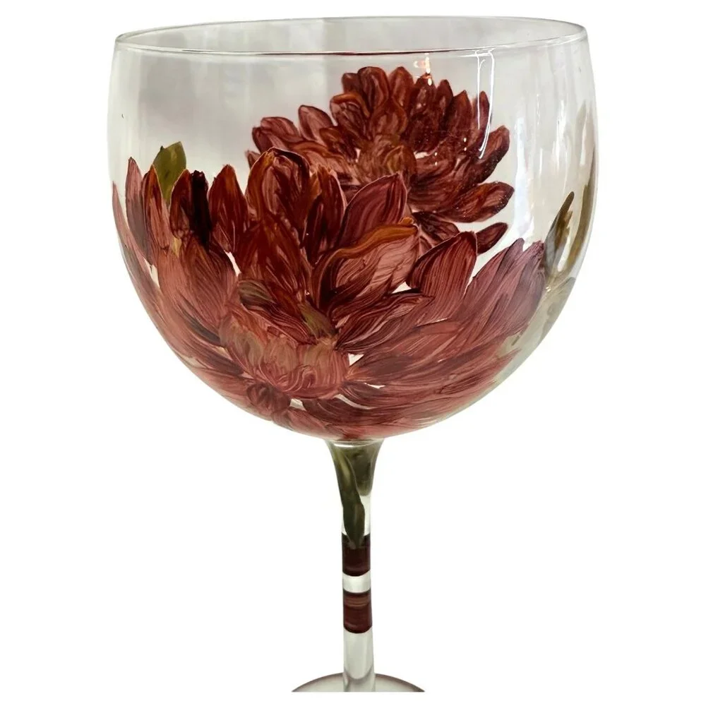 2 BLOCK Basics Hand Painted Floral Balloon Wine Goblets Glass Mum Chrysanthemum - Picture 2 of 8